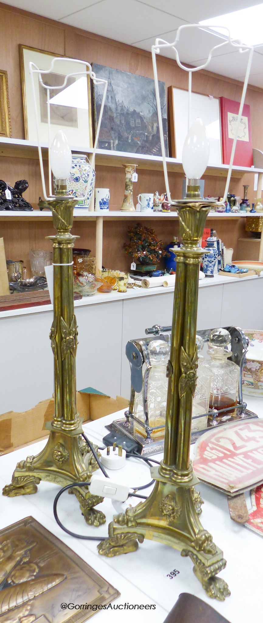 A pair of French brass cluster column table lamps, 54cm high